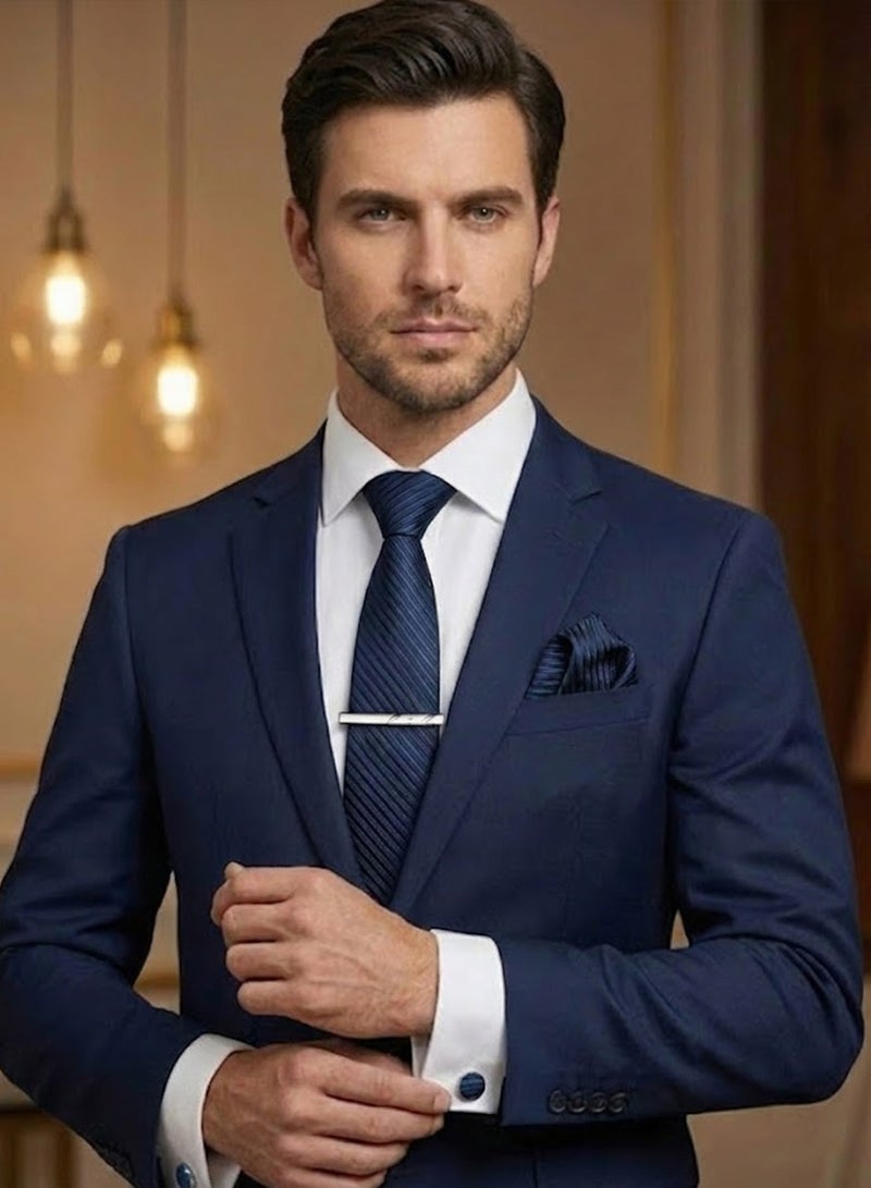 FIORICASA Men’s Premium 4-Piece Tie Gift Set – Navy Crosshatch Texture Tie, Cufflinks, Tie Clip & Matching Pocket Square - Image 5